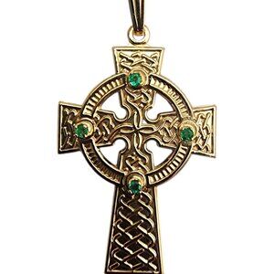 10K Yellow Gold Celtic Cross Pendant with Green Faceted Stones #22770